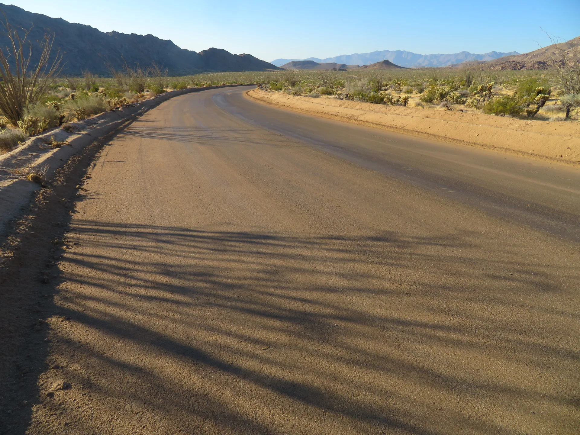 LL-TEQ completed desert road winding through Joshua tree landscape with minimal disturbance